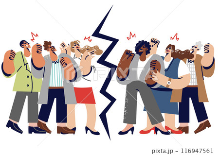 Disagreement in society with different groups of people standing on opposite sides of divide Disagreement in society with different groups of people standing on opposite sides of divide 116947561