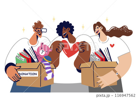 People volunteers hold donation boxes with things for orphans, work in charitable organization 116947562