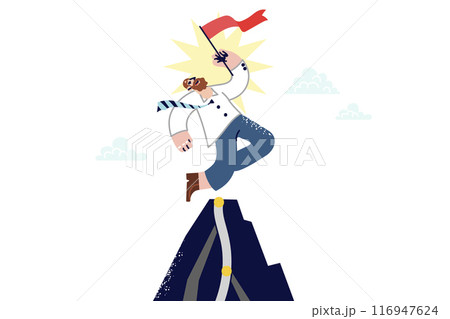 Business man winner jumps on mountain celebrating achieving success and receiving career position 116947624