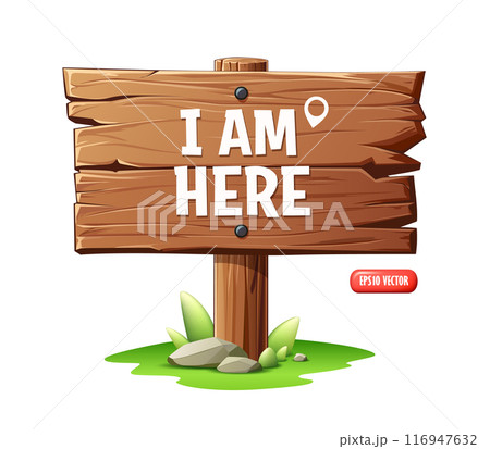 Wood sign realistic, Staked on the grass with rocks and leaves, poster banner design 116947632