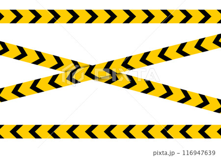 Set of horizontal and crossed caution tapes with black and orange diagonal slashes or chevron print. Warning borders in construction work zone or crime scene. Vector flat illustration 116947639