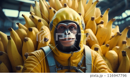 A monkey wearing a yellow suit of a bananas background 116947796