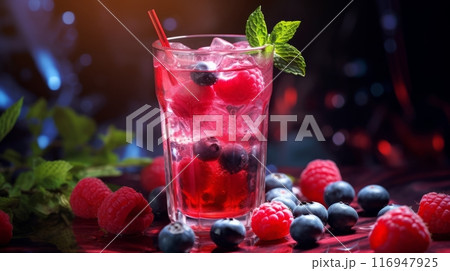A glass of raspberries and blueberries on a table 116947925