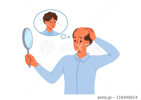Problem of baldness in man looking in mirror and remembering presence of beautiful hair Problem of baldness in man looking in mirror and remembering presence of beautiful hair 116948014