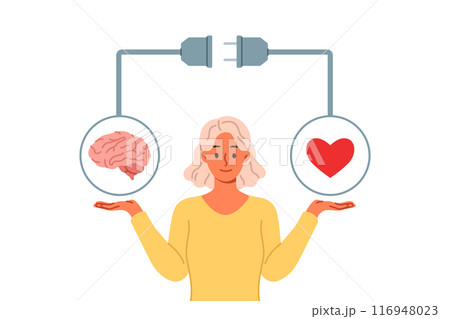 Woman tries to achieve balance between feelings and intellect by holding of heart and brain in hands 116948023