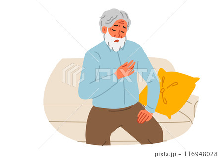 Elderly man feels pain in heart, sitting on couch and needs emergency medical care. Elderly man feels pain in heart, sitting on couch and needs emergency medical care. 116948028