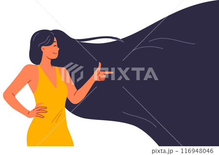 Woman with beautiful smooth hair recommends shampoo for getting perfect hairstyle Woman with beautiful smooth hair recommends shampoo for getting perfect hairstyle 116948046