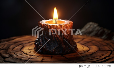 A lit candle sitting on top of a tree stump 116948266