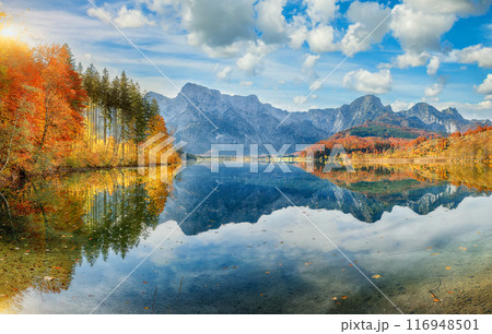 Breathtaking autumn scene of sunny morning on Almsee lake. Breathtaking autumn scene of sunny morning on Almsee lake. 116948501