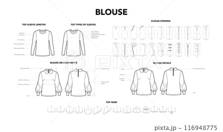 Set of Blouse Shirt Top Details - Measurement, Opening, Hem Sleeves Length styles technical fashion illustration 116948775