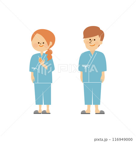 健康診断　検査着を着た男性と女性のかわいいイラスト 116949000