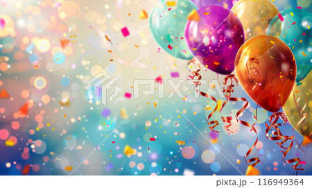 Colorful balloons float against a soft, blurred background of colorful lights and confetti 116949364