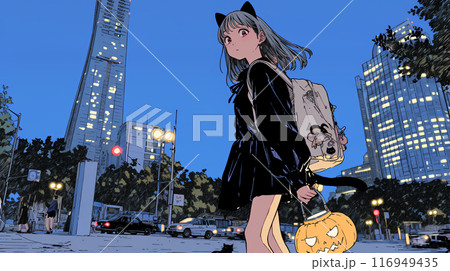 ハロウィンイベントに参加する若い女性