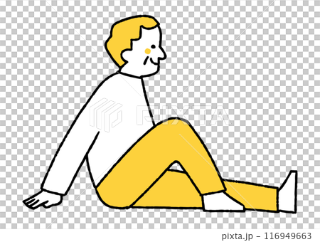 An elderly man sitting on the ground looking at something An elderly man sitting on the ground looking at something 116949663