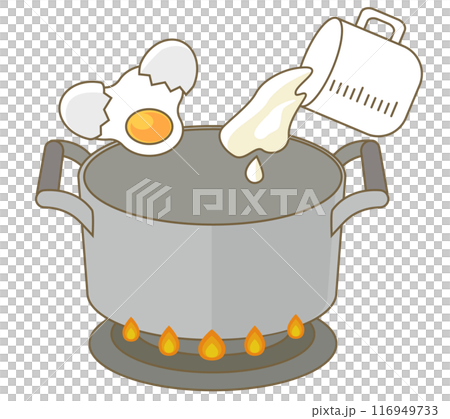 鍋に卵と牛乳を入れて加熱する調理風景 鍋に卵と牛乳を入れて加熱する調理風景 116949733