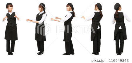 ベレー帽のエプロンカフェ女性店員の全身人物切り抜き素材 116949848