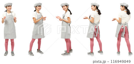 パン屋カフェのベレー帽エプロン女性の全身人物切り抜き素材 116949849