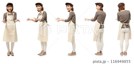 ハンティング帽子のエプロンカフェスタッフ店員女性の全身人物切り抜き素材 116949855