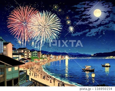 賑わうビーチと花火 116950154