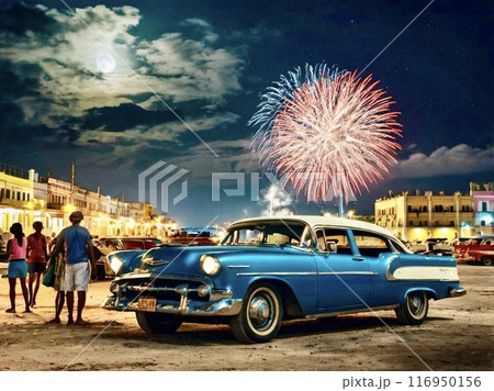 古いアメリカ車と花火 116950156