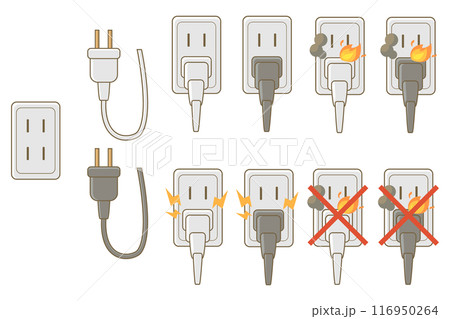 コンセントプラグと発火と漏電の事故イラストセット 116950264