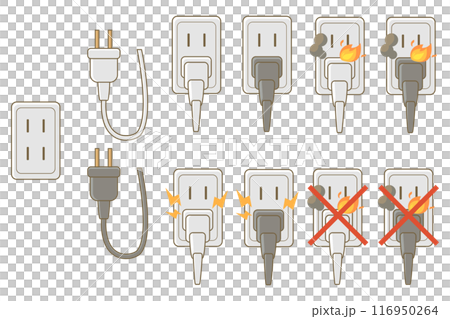コンセントプラグと発火と漏電の事故イラストセット 116950264