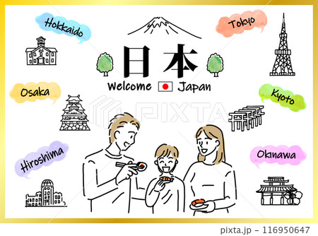 日本の観光スポットと家族のシンプル線画 116950647