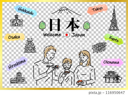 日本の観光スポットと家族のシンプル線画 116950647