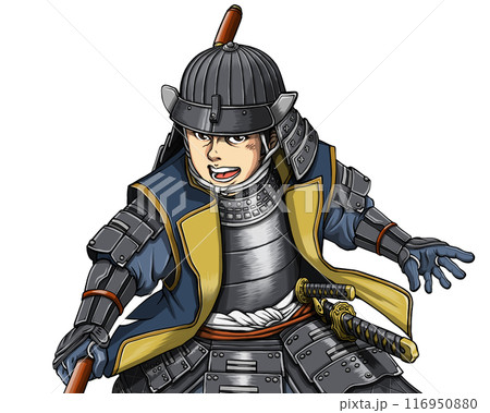 陣羽織を着て槍を構える戦国武将 116950880