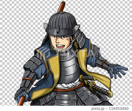 陣羽織を着て槍を構える戦国武将 116950880