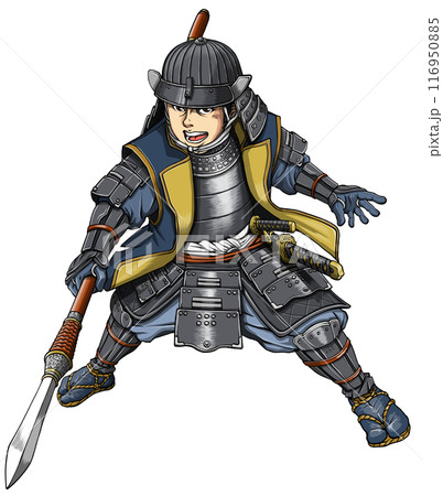 陣羽織を着て槍を構える戦国武将 116950885