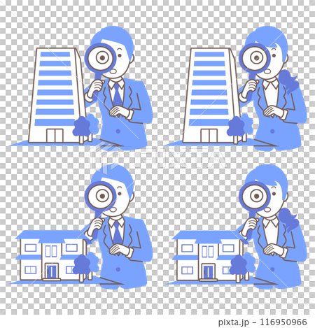 Illustration set of businesswomen and businessmen appraising real estate such as buildings and houses 116950966