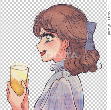 女孩卡通風格的插圖,一個微笑的年輕女士拿著啤酒 女孩卡通風格的插圖,一個微笑的年輕女士拿著啤酒 116951362