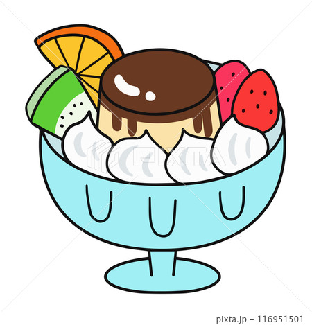 フルーツと生クリームたっぷりのプリンアラモード 線画イラスト フルーツと生クリームたっぷりのプリンアラモード 線画イラスト 116951501
