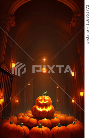 夜の街にハロウィンの装飾されたハロウィン用のかぼちゃ 116951772