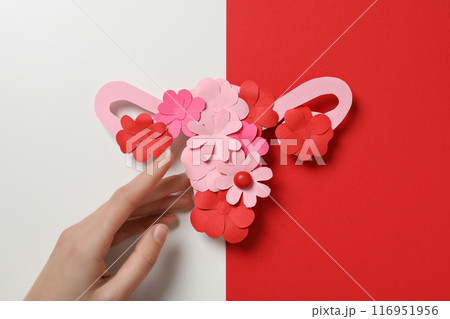 Paper uterus with flowers and female hand on white and red background, top view 116951956