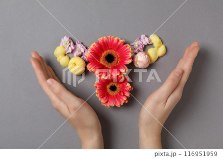 Uterus, flowers and female hands on gray background, top view 116951959