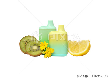 PNG, Electronic cigarettes with kiwi and lemon, isolated on white background PNG, Electronic cigarettes with kiwi and lemon, isolated on white background 116952035