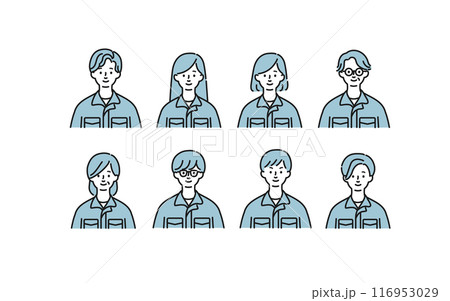 シンプルな線画で描かれた作業着を着た男女のイラストセット 116953029