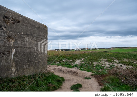 Historic bunker in open field under cloudy sky, showcasing concrete architecture in rural setting 116953644