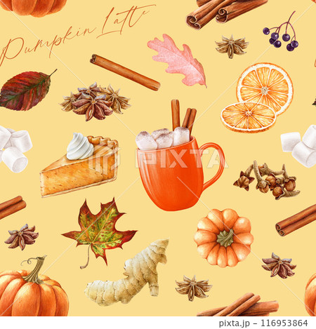 Autumn mood seamless pattern in warm colors. Hand drawn autumn traditional drinks, desserts, spices painted pattern. Pumpkin pie, caramel latte, cinnamon, clove painted elements 116953864