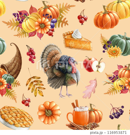 Thanksgiving decor elements festive seamless pattern. Watercolor vintage style illustration. Traditional Thanksgiving decoration, food, turkey bird, flowers in warm autumn colors seamless pattern Thanksgiving decor elements festive seamless pattern. Watercolor vintage style illustration. Traditional Thanksgiving decoration, food, turkey bird, flowers in warm autumn colors seamless pattern 116953871