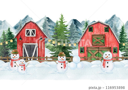 Winter time countryside landscape seamless border festive decor. Vintage style painted illustration. Hand drawn funny snowman, fir trees, snow, red barns, mountain range seamless border element Winter time countryside landscape seamless border festive decor. Vintage style painted illustration. Hand drawn funny snowman, fir trees, snow, red barns, mountain range seamless border element 116953898