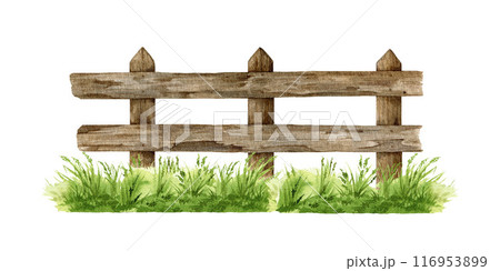 Wooden fence with green grass element. Watercolor vintage style painted illustration. Old farm, ranch, village, countryside wooden fence. Outdoors element border isolated on white background Wooden fence with green grass element. Watercolor vintage style painted illustration. Old farm, ranch, village, countryside wooden fence. Outdoors element border isolated on white background 116953899