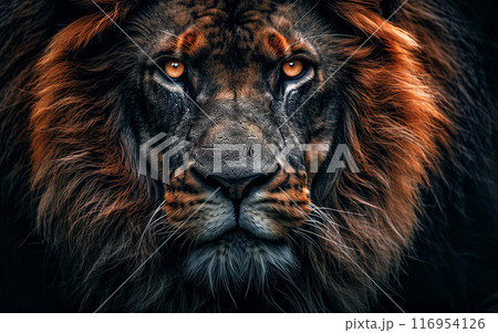 Lion's regal and fearsome presence, with eyes 116954126