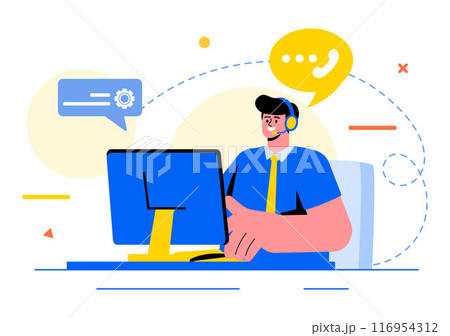 Call Center Agent Vector Illustration of Customer Service or Hotline Operator with Headsets or Computers in a Flat Style Cartoon Background Call Center Agent Vector Illustration of Customer Service or Hotline Operator with Headsets or Computers in a Flat Style Cartoon Background 116954312