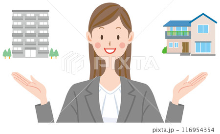 一戸建てかマンションか選択する女性 提案する不動産の営業 賃貸か購入か 一戸建てかマンションか選択する女性 提案する不動産の営業 賃貸か購入か 116954354