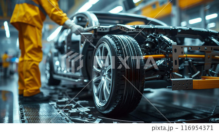 Precision engineering is evident in the foreground's portrayal of the car frame Precision engineering is evident in the foreground's portrayal of the car frame 116954371