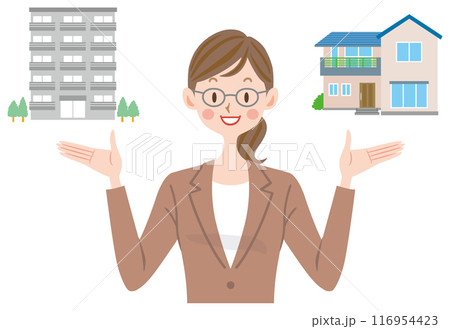 一戸建てかマンションか選択する女性 提案する不動産の営業 賃貸か購入か 一戸建てかマンションか選択する女性 提案する不動産の営業 賃貸か購入か 116954423