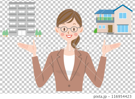 一戸建てかマンションか選択する女性 提案する不動産の営業 賃貸か購入か 一戸建てかマンションか選択する女性 提案する不動産の営業 賃貸か購入か 116954423